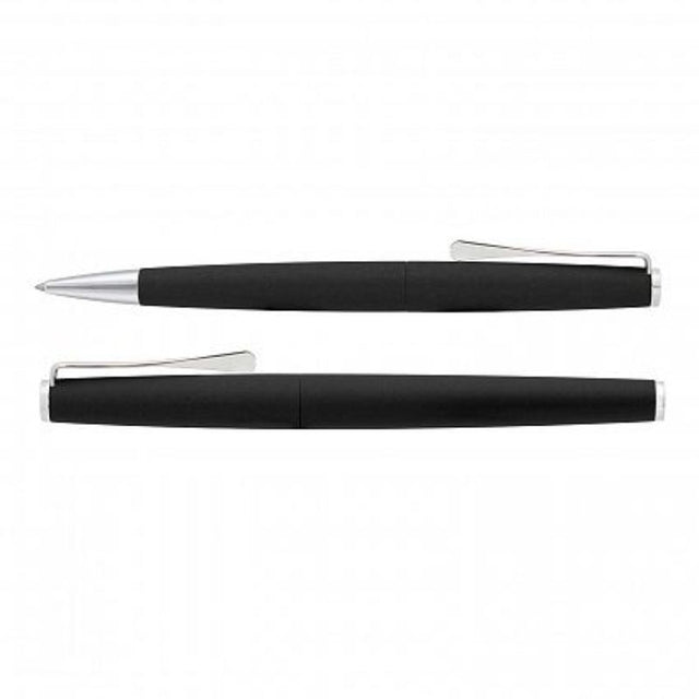 Elegant Lamy Studio Pen Set in black, featuring a twist action ball pen and rolling ball pen with chrome accents.