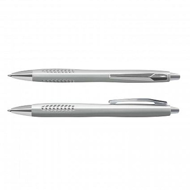 Set of 100 sleek silver Topaz Pens with chrome trim, ergonomic grip, and high-quality blue ink for reliable writing.