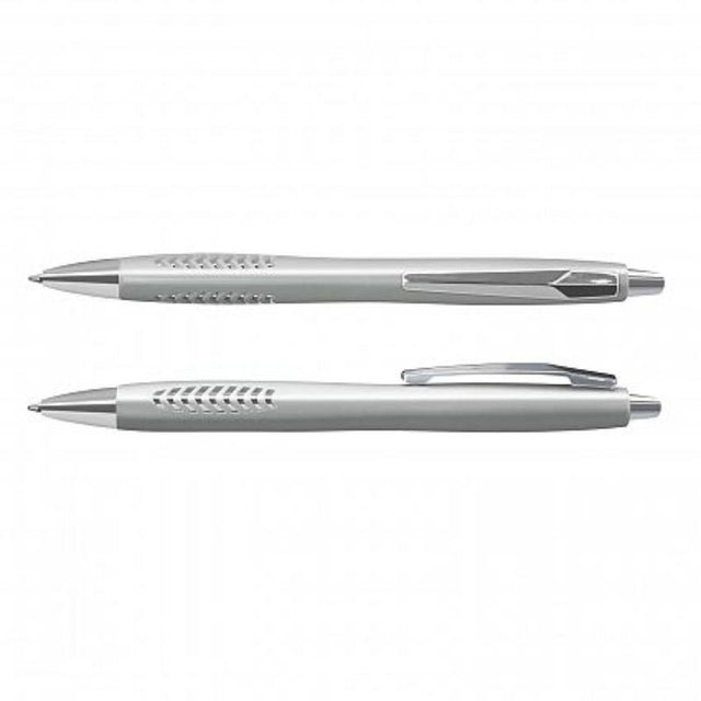 Set of 100 sleek silver Topaz Pens with chrome trim, ergonomic grip, and high-quality blue ink for reliable writing.