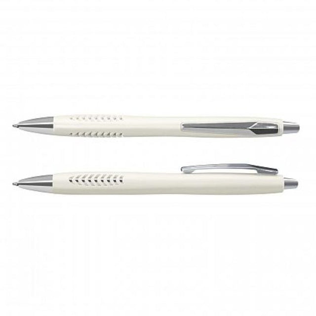 Pack of 100 Topaz White Pens featuring metallic barrels, chrome trim, and ergonomic triangular grips for a smooth writing experience.