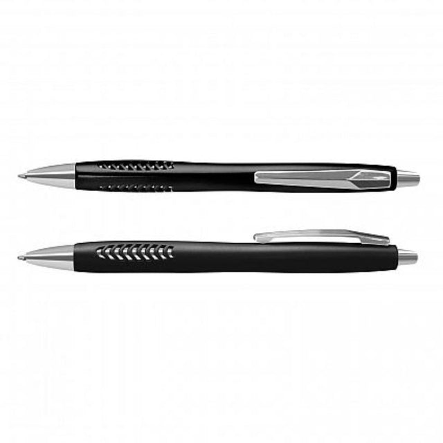 Set of 100 sleek black Topaz pens with metallic barrels, chrome trim, and comfortable triangular grips for smooth writing.