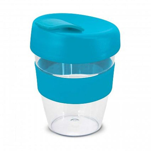 Light blue 350ml reusable cup set of 12 with silicone grip and splashproof lid, perfect for coffee on the go.
