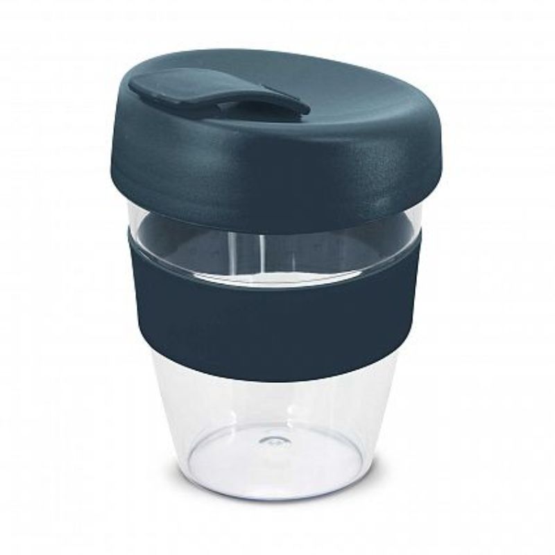 Set of 12 navy 350ml reusable cups with silicone bands and splashproof lids, perfect for hot and cold beverages on the go.