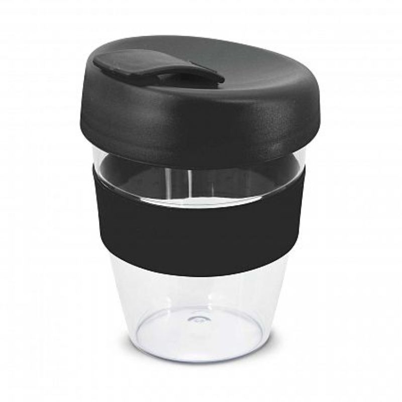 Set of 12 black 350ml reusable coffee cups with silicone band, splashproof lid, and crystal-clear AS plastic design.