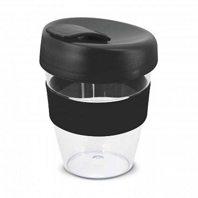 Set of 12 black 350ml reusable coffee cups with silicone band, splashproof lid, and crystal-clear AS plastic design.
