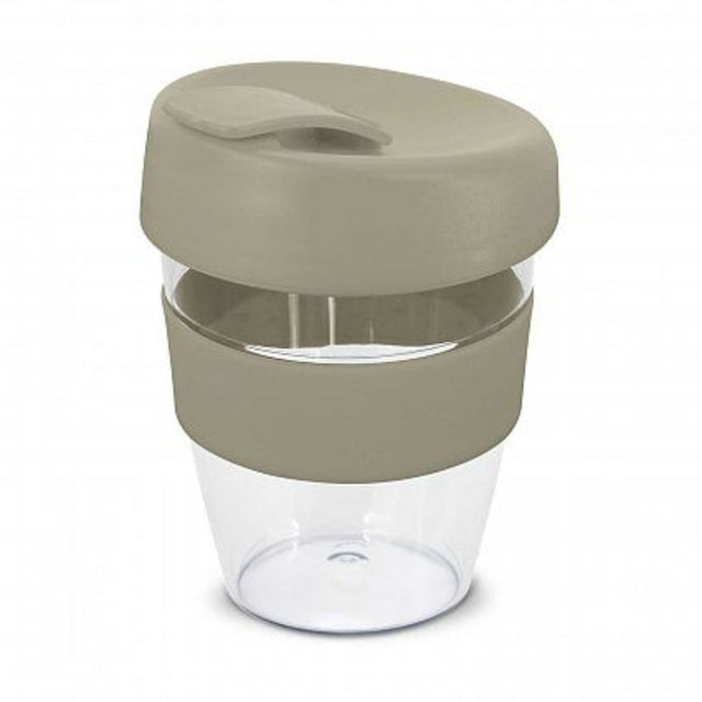Set of 12 grey 350ml reusable coffee cups with silicone grips and spill-proof lids, perfect for eco-friendly on-the-go use.