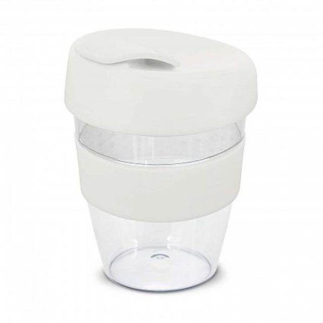Set of 12 crystal-clear 350ml white cups with silicone grip, screw-on lid, perfect for drinks on the go.