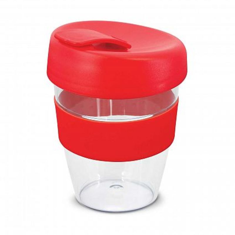 Set of 12 vibrant red 350ml reusable coffee cups with secure lids and silicone grips, perfect for eco-conscious drinkers.