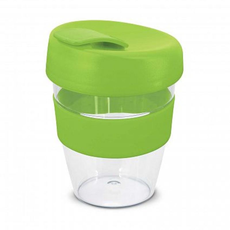 Set of 12 bright green 350ml reusable cups with silicone bands, spill-proof lids, and eco-friendly materials for on-the-go drinks.