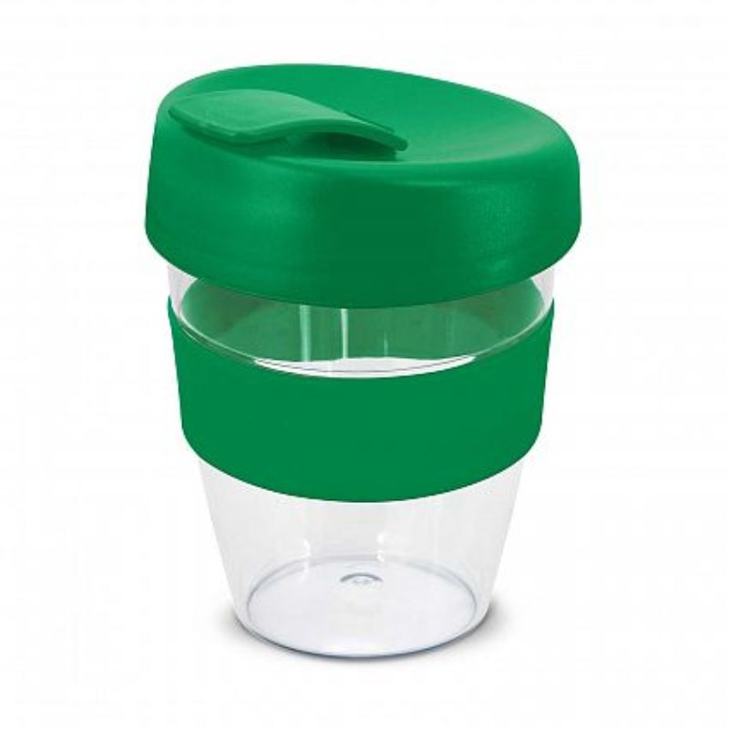 Set of 12 dark green 350ml reusable coffee cups with silicone band and splashproof lid, perfect for eco-friendly enjoyment on-the-go.