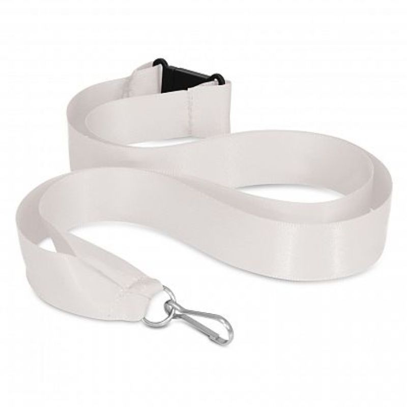 Set of 50 white ribbon lanyards, 20mm wide, durable with clips, ideal for branding at events and conferences.