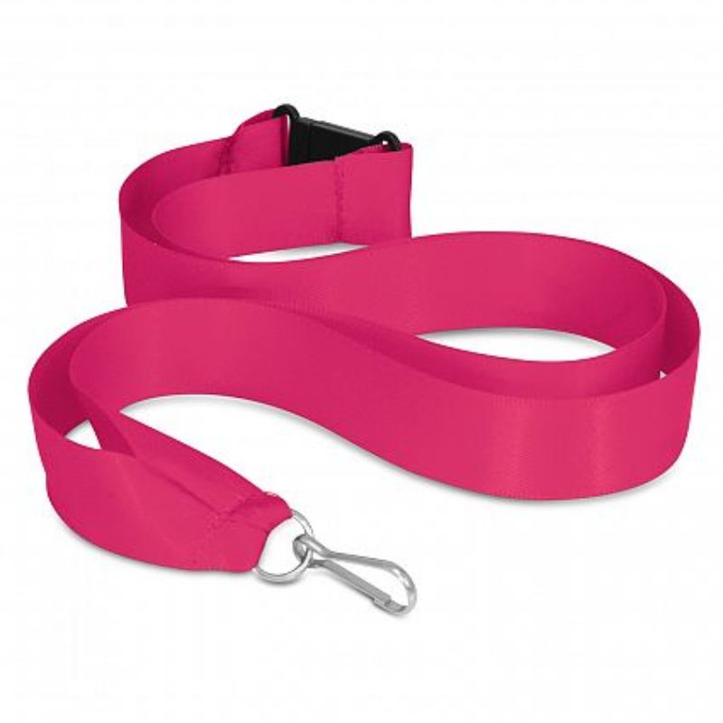 Bright pink ribbon lanyard set of 50 with metal rings, clips, and safety breakaway feature, ideal for events and branding.