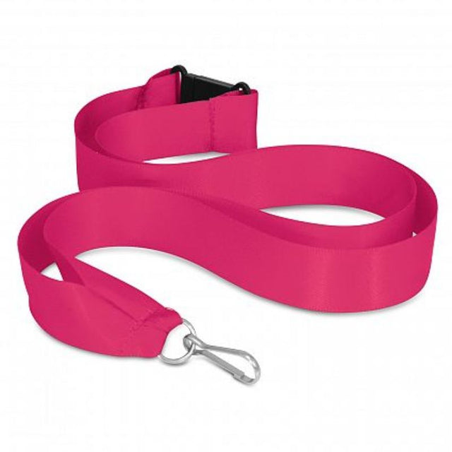 Bright pink ribbon lanyard set of 50 with metal rings, clips, and safety breakaway feature, ideal for events and branding.