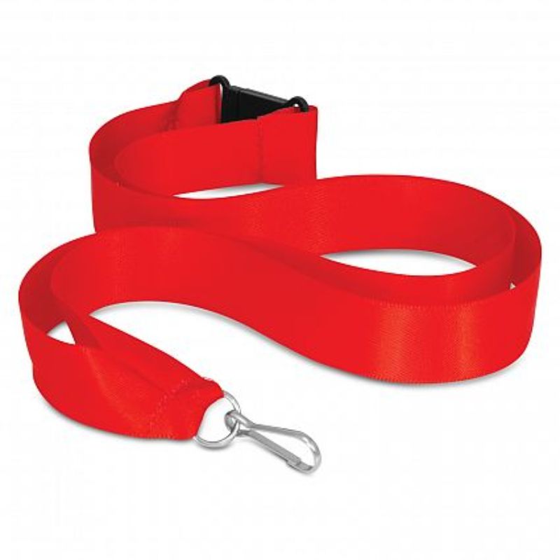Bright red ribbon lanyards (set of 50) with metal clips and breakaway safety, perfect for IDs and branding at events.