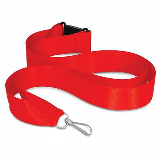 Bright red ribbon lanyards (set of 50) with metal clips and breakaway safety, perfect for IDs and branding at events.