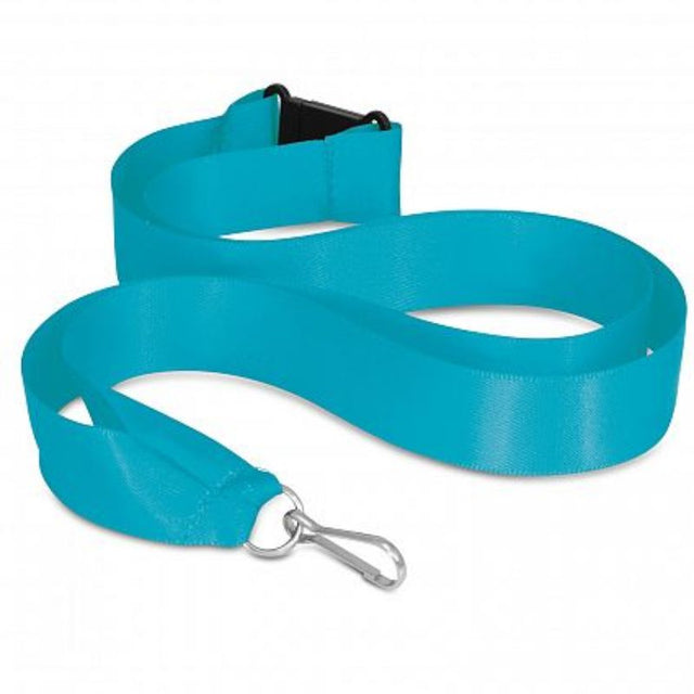 Light blue ribbon lanyards set of 50, 20mm wide with metal ring, clip, and breakaway safety feature for events and branding.