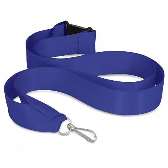 Dark blue ribbon lanyard set of 50 with metal clips, breakaway safety feature, ideal for professional events.