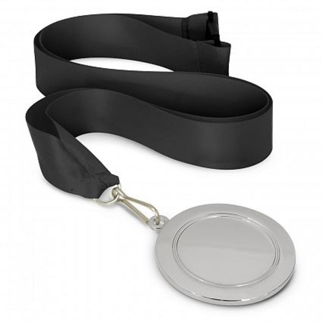 Set of 12 silver medals with black lanyards, 65mm diameter, perfect for awards ceremonies and recognizing achievements.