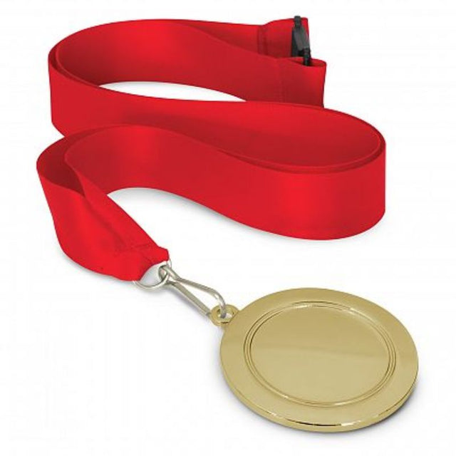 Set of 12 gold medals featuring a 65mm diameter, with vibrant red lanyards, perfect for awards and recognition events.