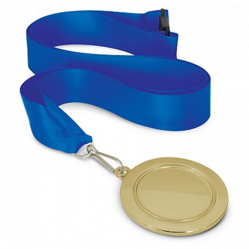 Set of 12 gold medals with dark blue lanyards, 65mm in diameter, celebrating achievements in competitions and events.
