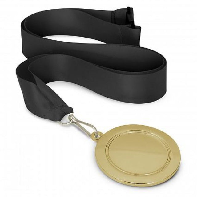 Set of 12 gold medals with black lanyards, 65mm diameter, celebrating achievements at sports and award ceremonies.
