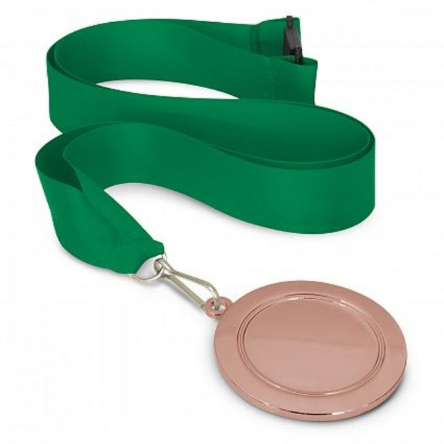 Set of 12 bronze medals (65mm) with dark green lanyards for recognizing achievement at events and competitions.
