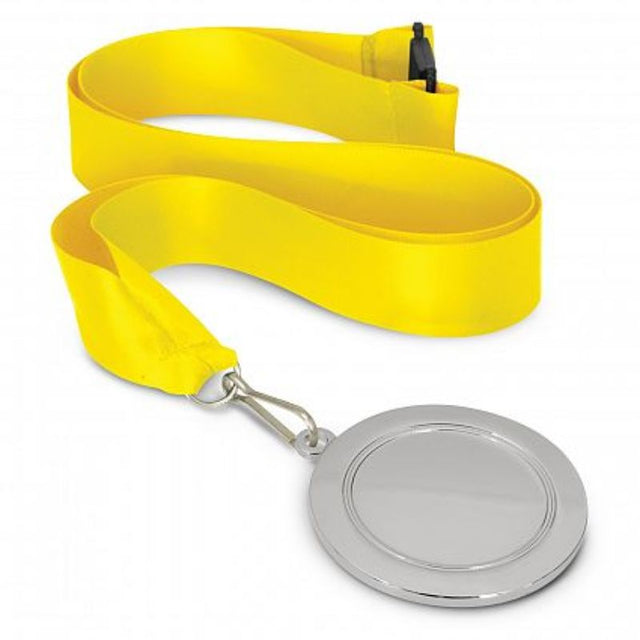 Set of 12 vibrant silver medals with yellow lanyards, ideal for sports and academic achievement recognition.