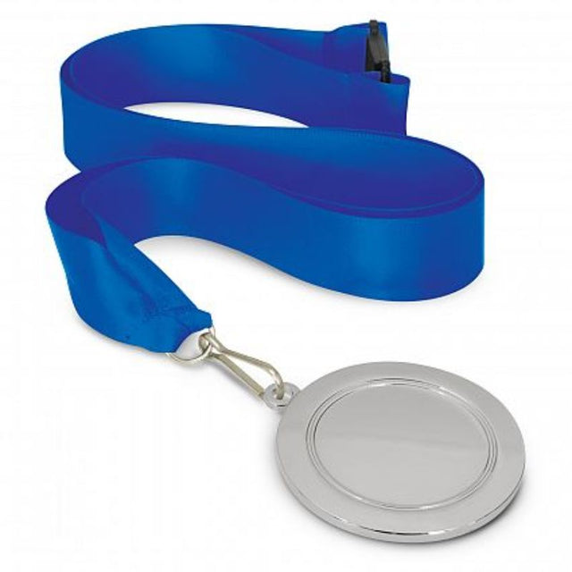 Set of 12 Podium silver medals, 65mm, with dark blue lanyards, ideal for recognizing achievements at events.