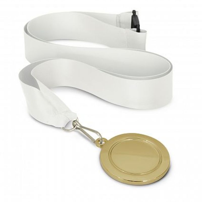 Set of 12 gold medals with a glossy finish and white lanyards, perfect for awards at sports and school events.