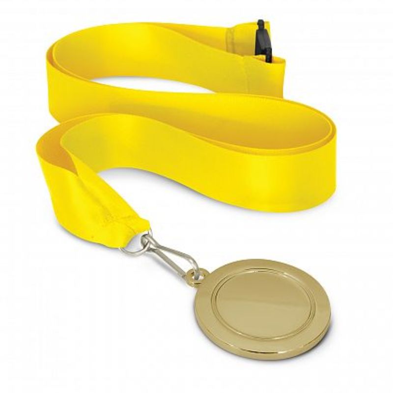 Set of 12 vibrant yellow 50mm gold medals with matching lanyards, perfect for recognizing achievements at events.