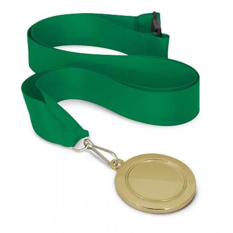 Set of 12 gold medals with dark green lanyards, 50mm in diameter, ideal for awards and recognition ceremonies.