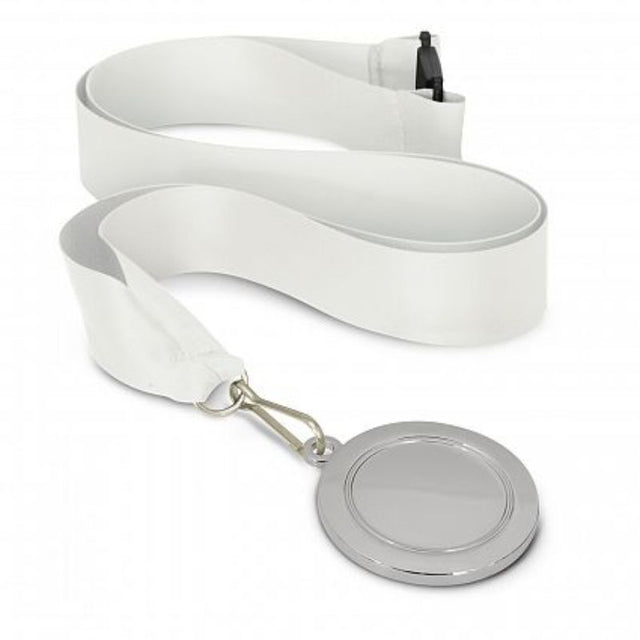 Set of 12 silver medals with 50mm diameter, white lanyards, ideal for awards in sports and academics.