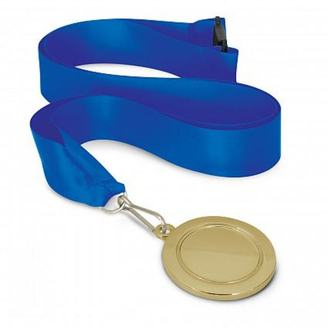 Set of 12 gold medals with dark blue lanyards, each 50mm wide, perfect for awards and recognition events.