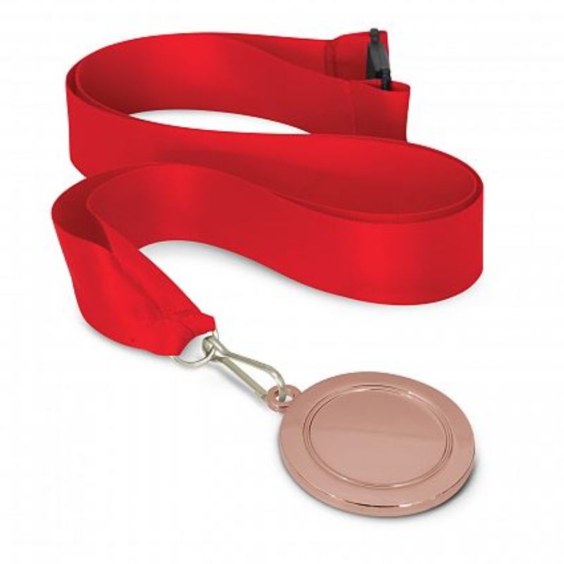 Set of 12 Podium Bronze Medals, 50mm with red lanyards, perfect for rewarding achievements at various events.