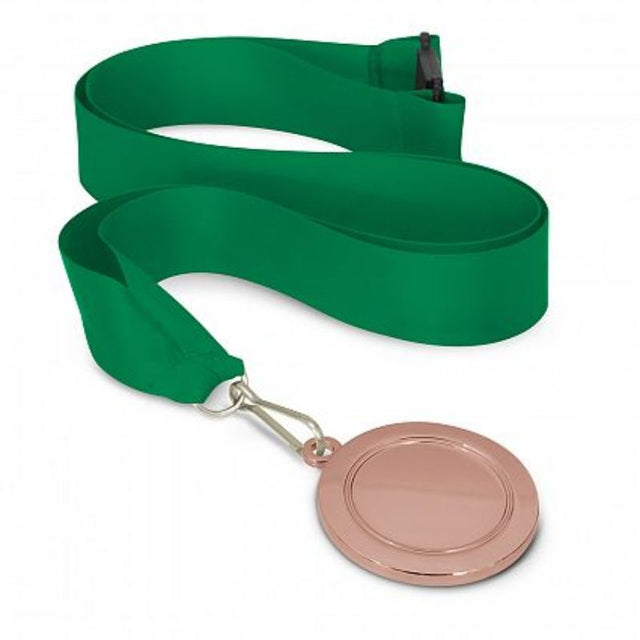 Set of 12 bronze medals with dark green lanyards, 50mm diameter, ideal for awards at sports or academic events.
