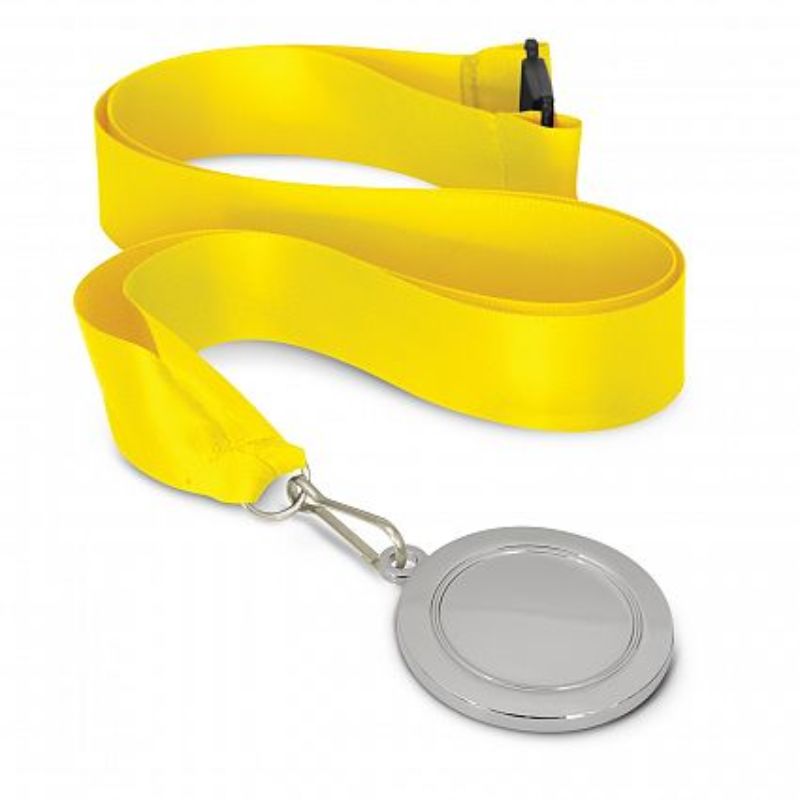 Set of 12 silver medals with yellow lanyards, perfect for recognizing achievements in sports and events.