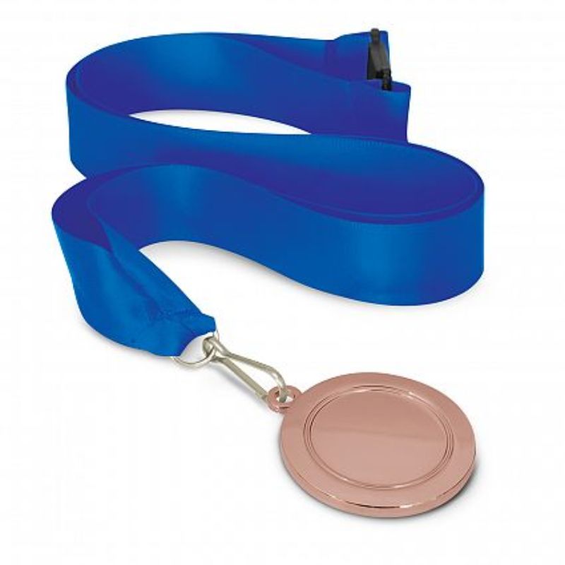 Set of 12 bronze medals with 50mm diameter, featuring a dark blue lanyard, perfect for awards and sports events.
