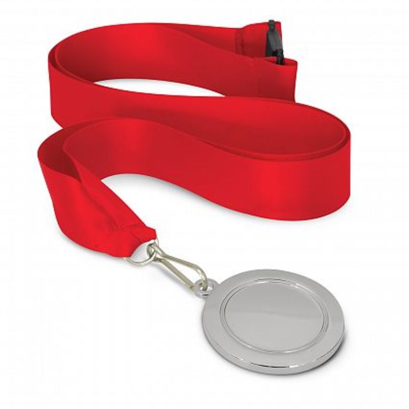 Set of 12 silver medals with red lanyards, 50mm diameter, ideal for rewarding achievements in sports and academics.
