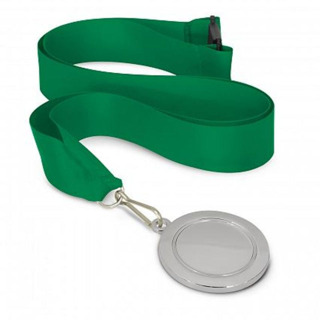 Set of 12 silver medals (50mm) with dark green lanyards, ideal for recognizing achievements in sports and events.