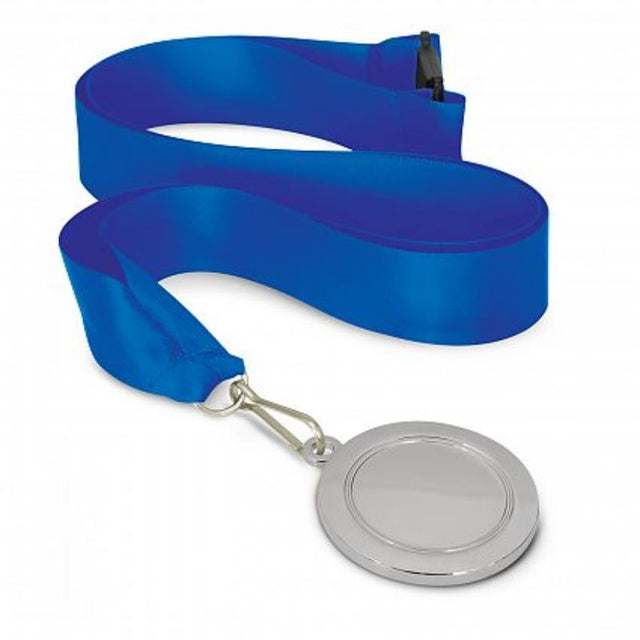 Set of 12 silver medals with dark blue lanyards, 50mm wide, ideal for awards and recognition events.