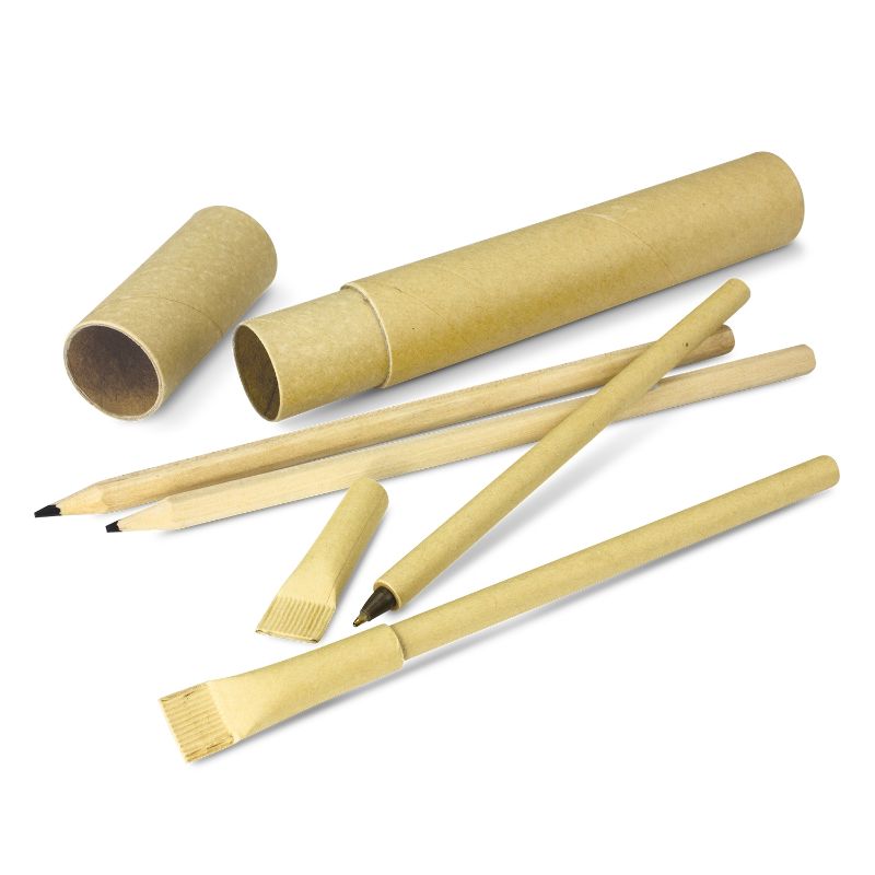Eco-friendly pen and pencil set featuring unpainted wood pencils and natural paper pens in a stylish cardboard tube.