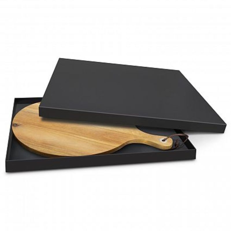 Natural acacia wood serving board with leather handle, perfect for cheese and charcuterie, measuring 45cm in diameter.