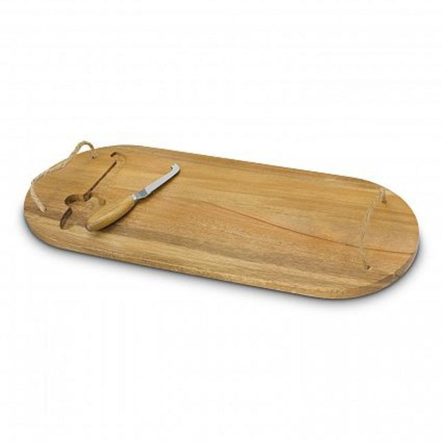 Natural acacia wood cheese board with rope handles and cheese knife compartment, perfect for entertaining and serving.