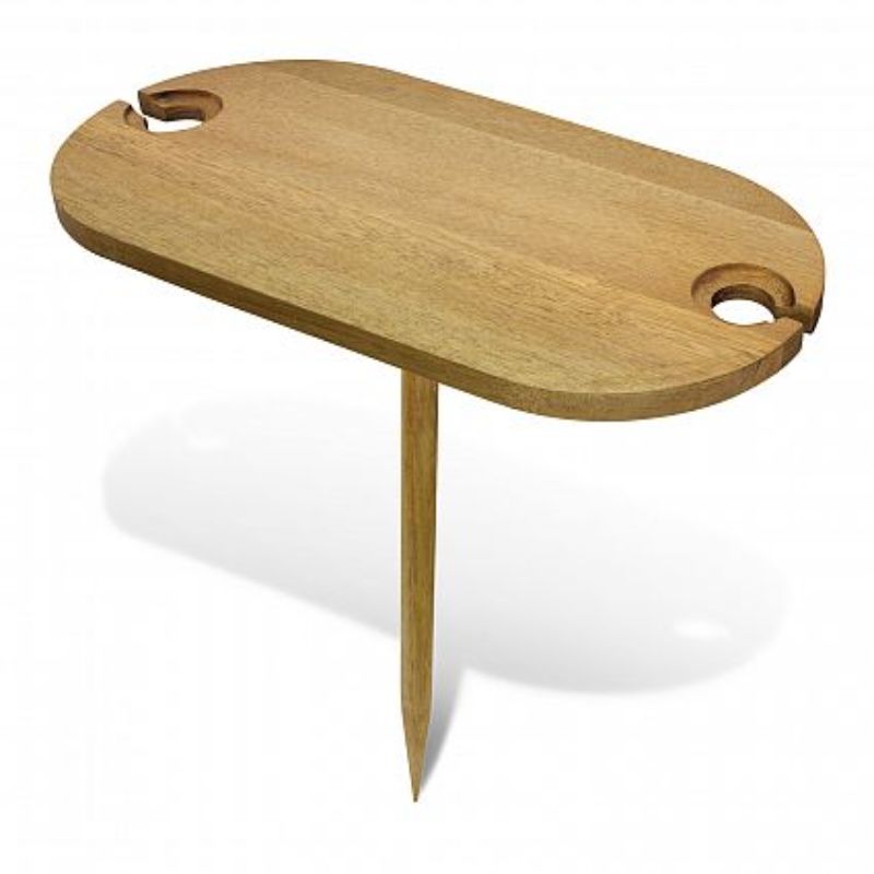 Natural acacia wood outdoor wine table with slots for glasses, sturdy spike for ground anchoring, perfect for picnics and beach outings.