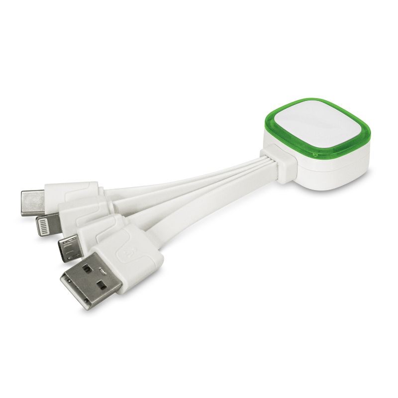 Vibrant green charging cable set of 6 with LED glow, featuring USB, Micro-B, Lightning, and USB-C connectors for versatile use.