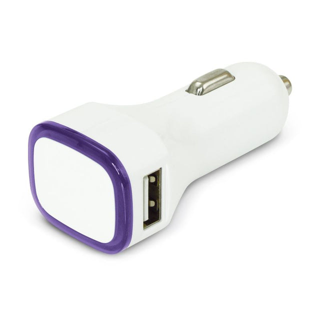 Zodiac Car Charger set in white and purple, dual USB, 3.1 Amp output, sleek design with LED indicator, perfect for on-the-go charging.