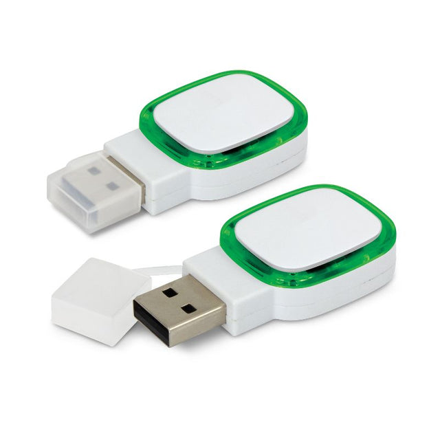 Set of 6 white and green Zodiac Flash Drives with 4GB, removable caps, and glowing translucent inserts for stylish storage.