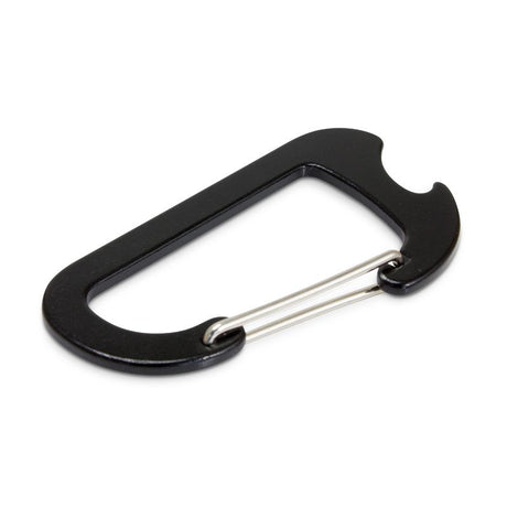 Black aluminum carabiner bottle opener set of 50, featuring a clip for easy attachment to bags and keychains.