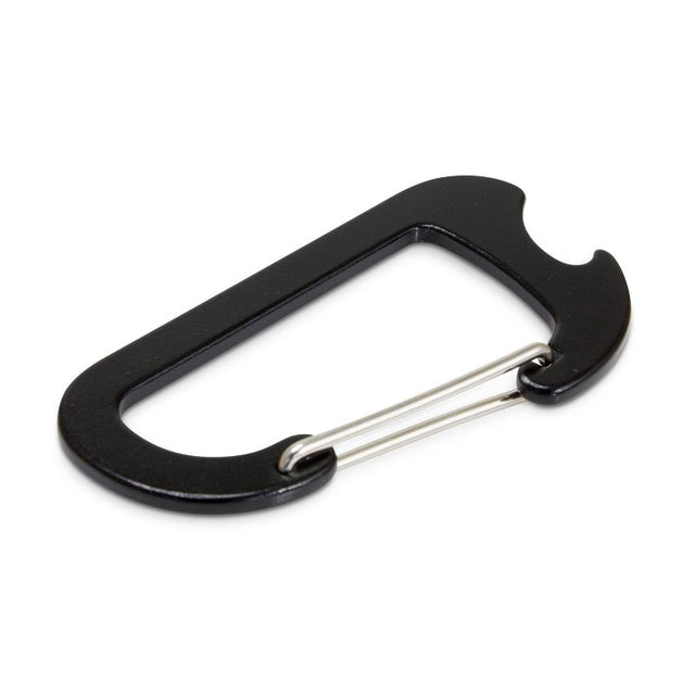 Black aluminum carabiner bottle opener set of 50, featuring a clip for easy attachment to bags and keychains.