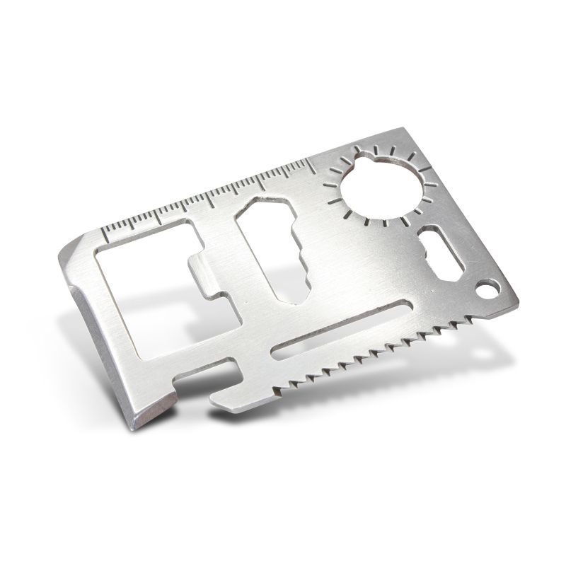 Stainless steel credit card-sized multi-tool set of 30 with various functions for outdoor and emergency use.